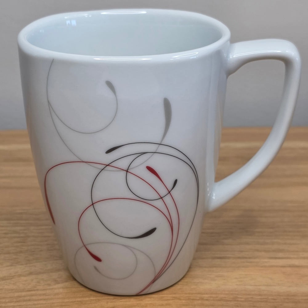 Corelle Splendor Coffee Mugs Square 4.25" 14oz Set of 4 White Red Gray Swirl - Picture 6 of 9